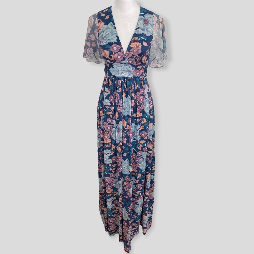 Vintage 70s Purple Blue Floral Flutter Sleeve Tie Waist Maxi Dress